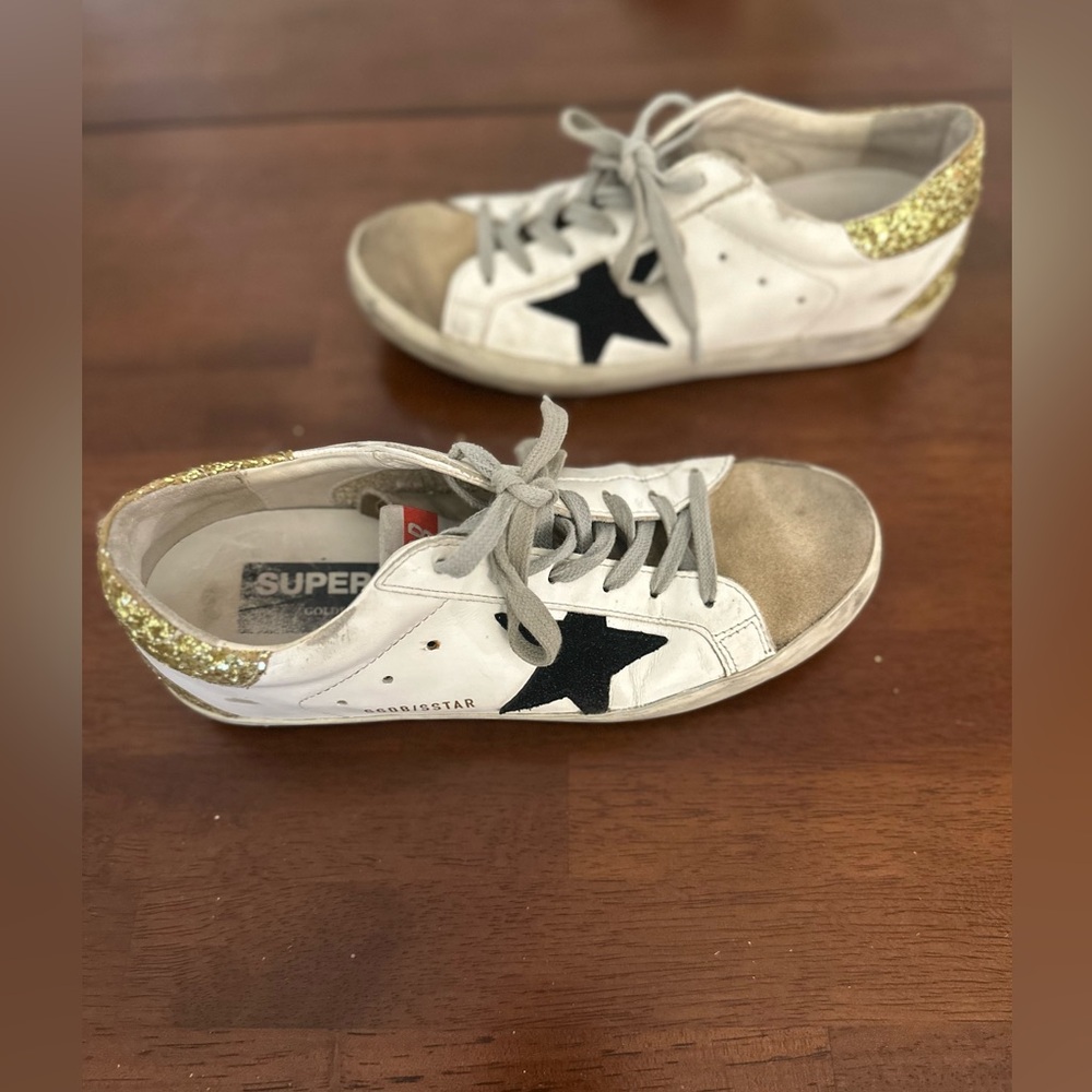 Authentic Golden Goose Women’s Superstar Sneakers Gold and Black Glitter Size 38